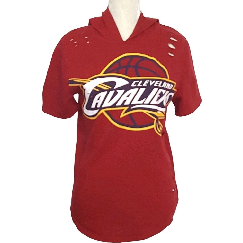 Cleveland Cavaliers Hoodie Womens Short Sleeve Red Cut Distressed French Terry